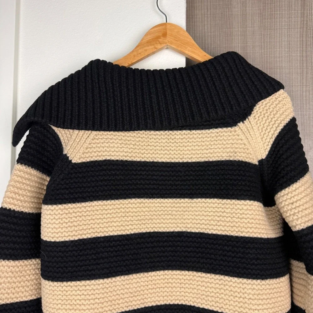 Kate Spade Black Tan Stripe Collared Knit Sweater Chunky 100% Wool Large‎